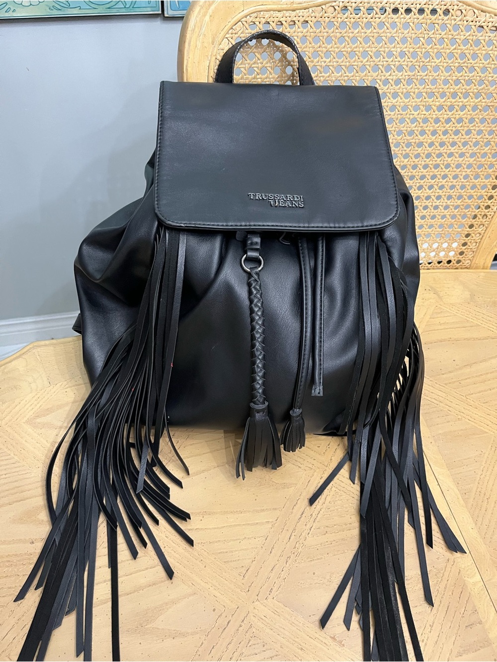 Trussardi Jeans Black Vegan/Faux Leather Fringe Backpack
